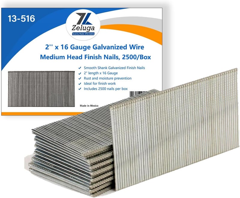 Zeluga 13-516 2'' x 16 Gauge Galvanized Wire Medium Head Finish Nails, 2500/Box - Image 1